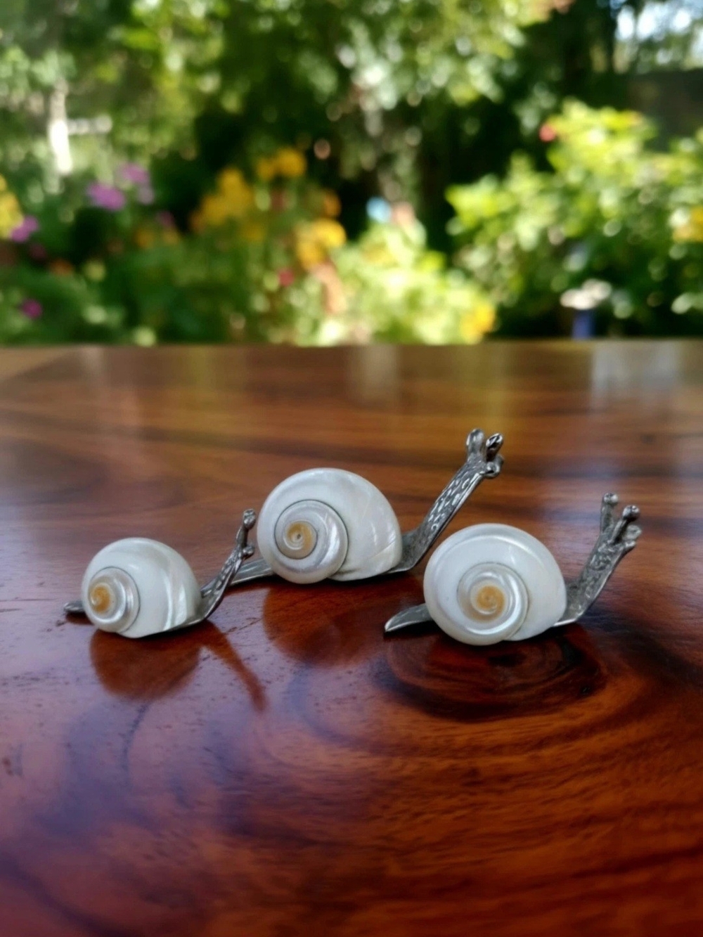Vintage Snail Figurines Luiz Ferreira Style Silver Body Natural Sea Shell Top